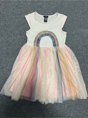 Zunie Cream Dress with Pastel Rainbow Tulle